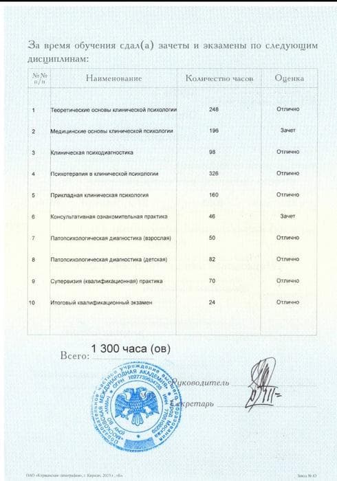 Перечень пройденных дисциплин